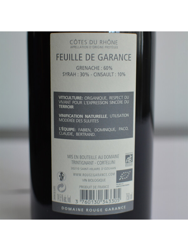 Domaine Rouge Garance - Feuille de Garance AOP, BIO 2018 - 0.75L, Alc: 14.5%