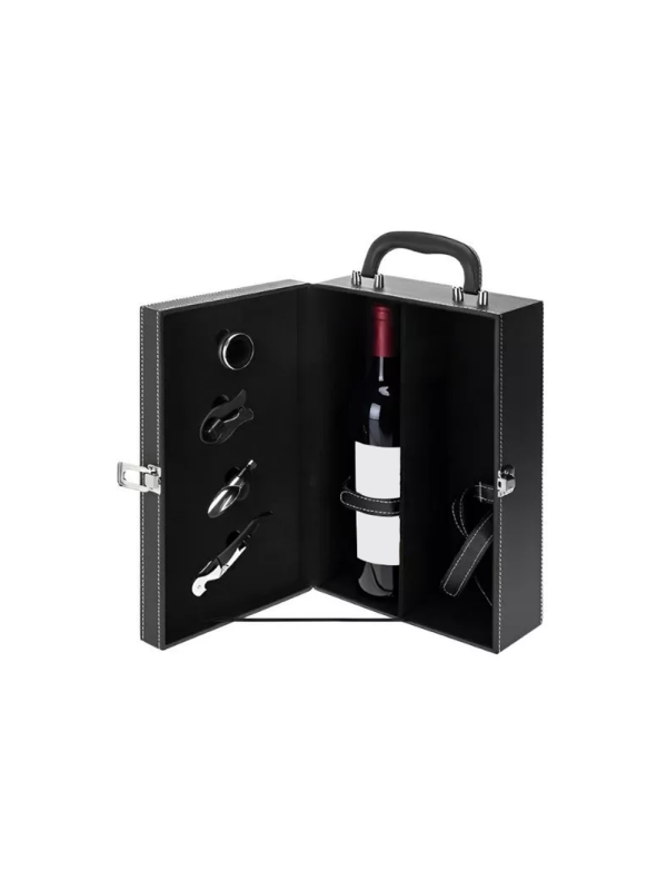 Cutie de vin Deluxe pentru 2 sticle cu accesorii de vin incluse din piele ecologica neagra fina