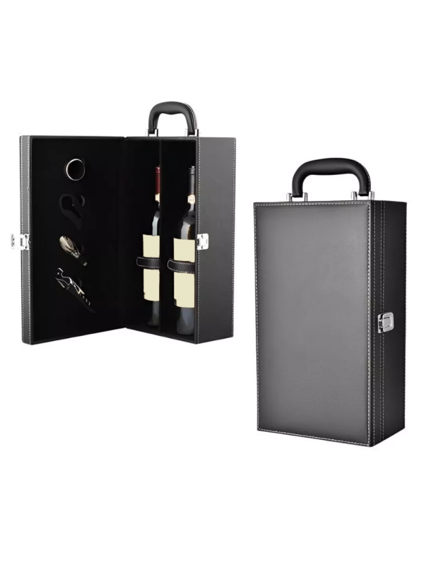 Cutie de vin Deluxe pentru 2 sticle cu accesorii de vin incluse din piele ecologica neagra fina