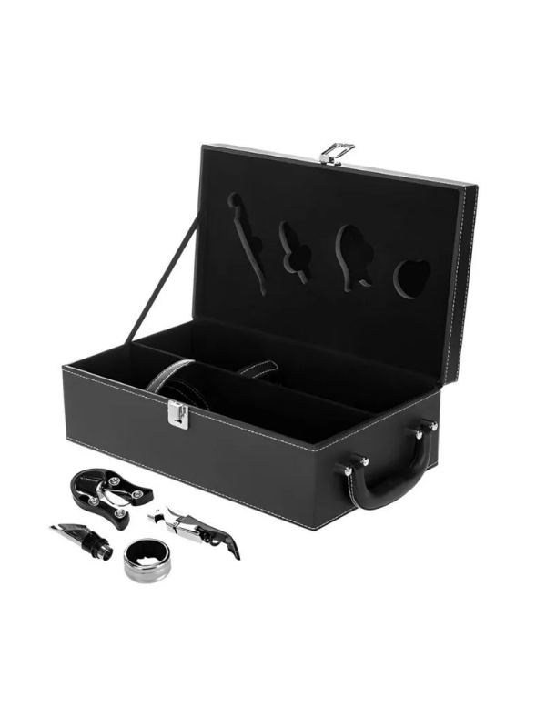 Cutie de vin Deluxe pentru 2 sticle cu accesorii de vin incluse din piele ecologica neagra fina