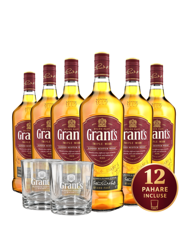 Pachet 6 Grant's Triple Wood 0.7L + 12 Pahare