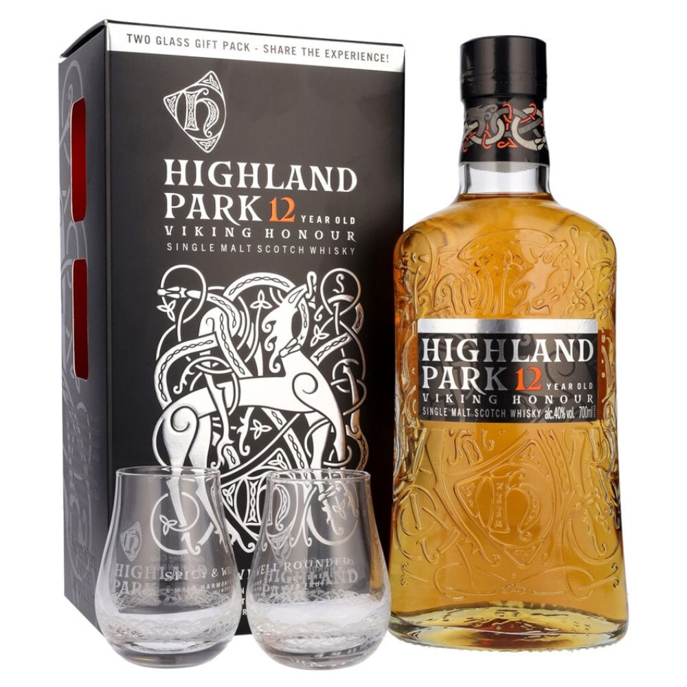 Highland Park - Scotch Single Malt Whisky 12 yo + 2 pahare GB - 0.7L, Alc: 40%