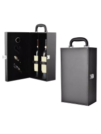 Cutie de vin Deluxe pentru 2 sticle cu accesorii de vin incluse din piele ecologica neagra fina