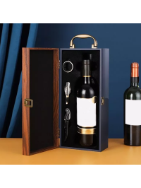 Set cadou Wine Bottle Box cu accesorii vin lemn si piele albastra